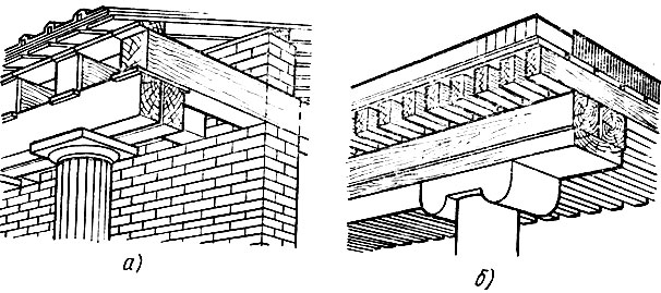 Рис. 6. Прототипы дорического (а) и ионического (б) ордеров в деревянной конструкции