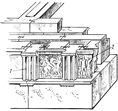 Рис. 9. Фрагмент дорического фриза Парфенона: 1 - триглиф, 2 - метоп
