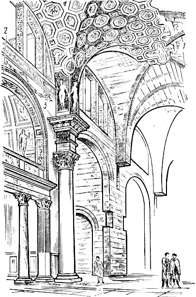 Рис. 14. Средний зал базилики Максенция и Константина (реконструкция): 1 - крестовый свод, 2 - архивольт, 3 - раскреповка