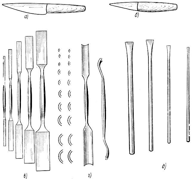 Рис. 38. Режущий инструмент: а - большой нож, б - малый нож, в - прямые долота, г - полукруглые долота, д - скарпели