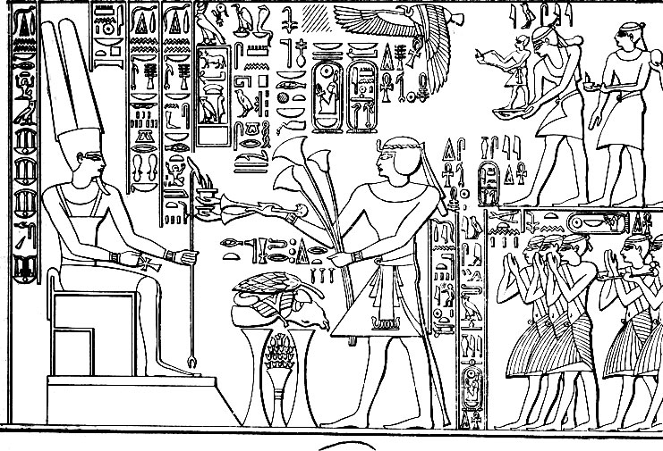 Рис. 1. Фараон Аменхотеп III совершает обряд воскурения ладана. Сзади идет жрец со статуэткой, изображающей совершаемое действие